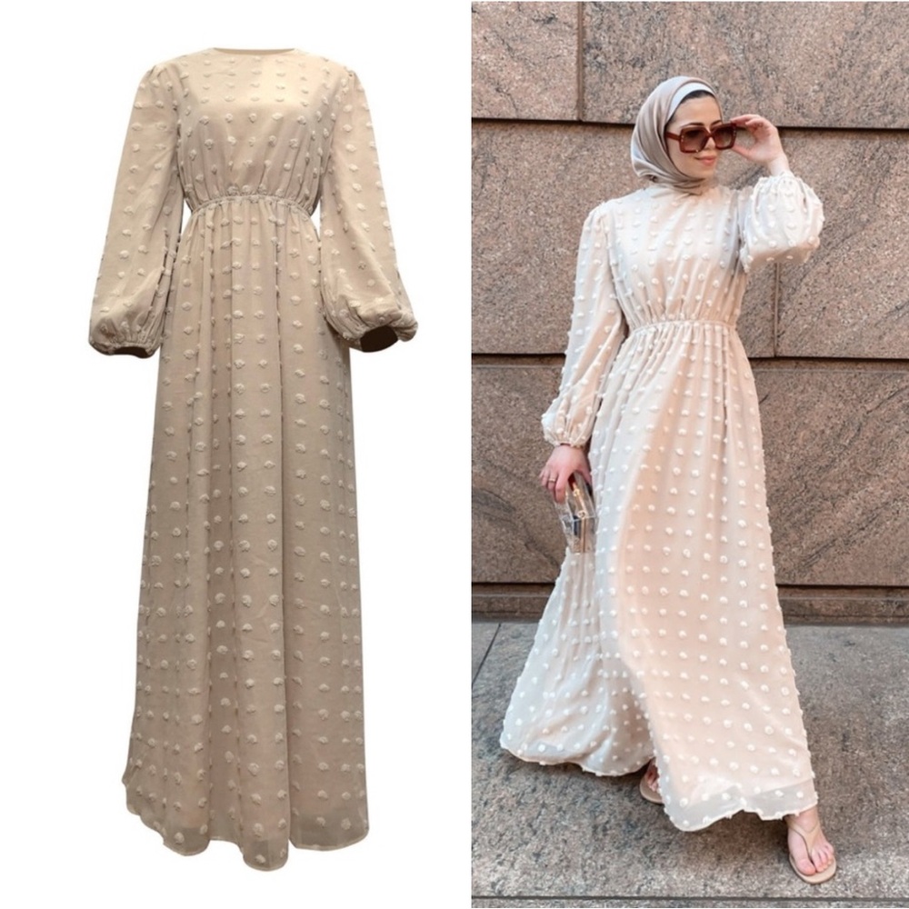 ROOLEE LS Embossed Swiss Dot Chiffon Midi Dress, Beige/Cream